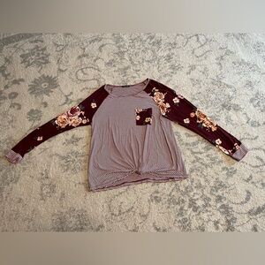 Pink Clover-Floral Sleeve Striped Top